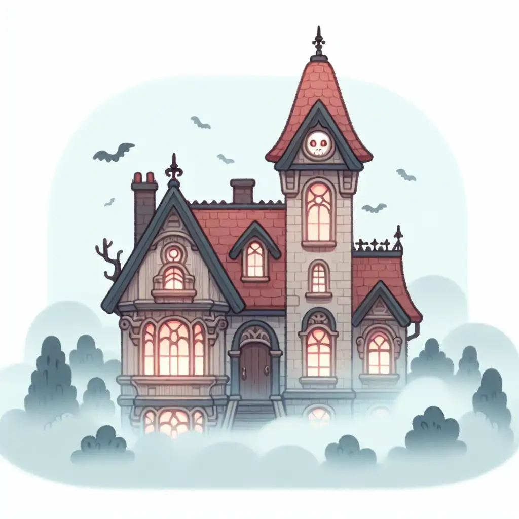 A spooky mansion exterior shrouded in fog, hinting at the mysteries within.