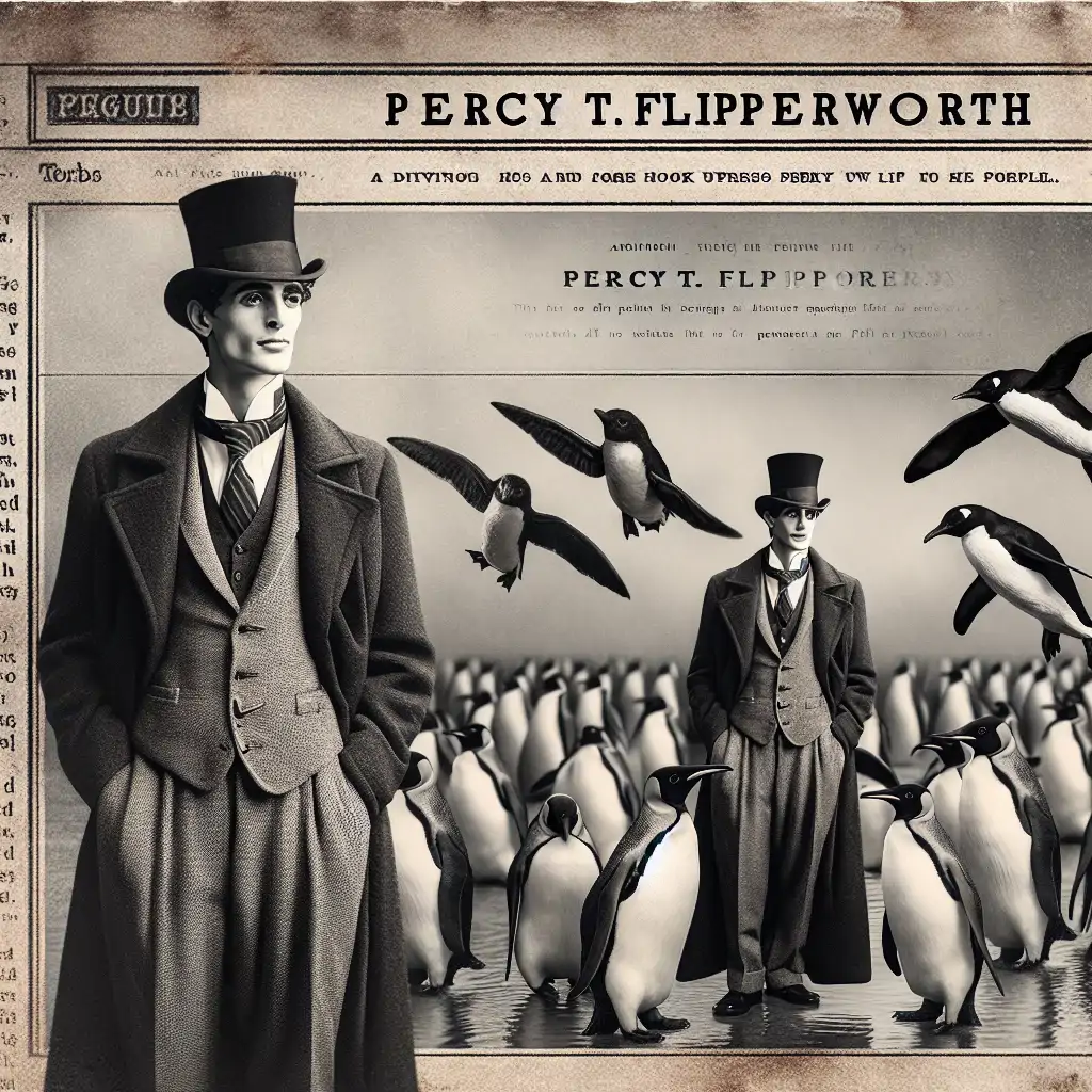 Percy T. Flippersworth surrounded by penguins