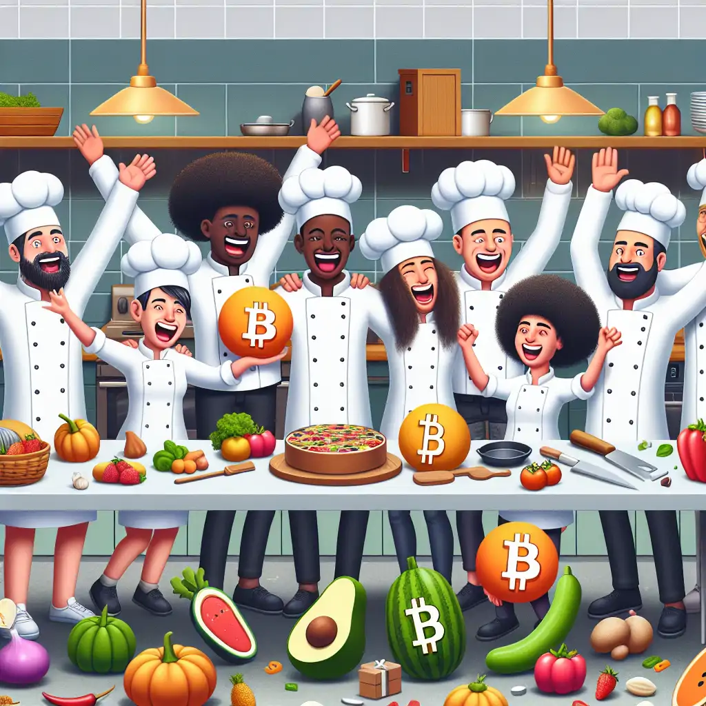 A humorous depiction of chefs celebrating in a kitchen after a wild crypto cook-off