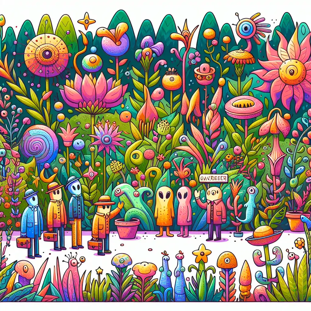 A colorful illustration of a garden being admired by a diverse group of alien tourists, showcasing the varied and oddly perfect plants.