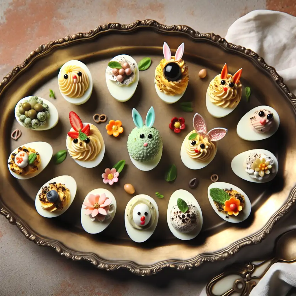 Various deviled eggs with unique toppings arranged artfully on a retro platter.
