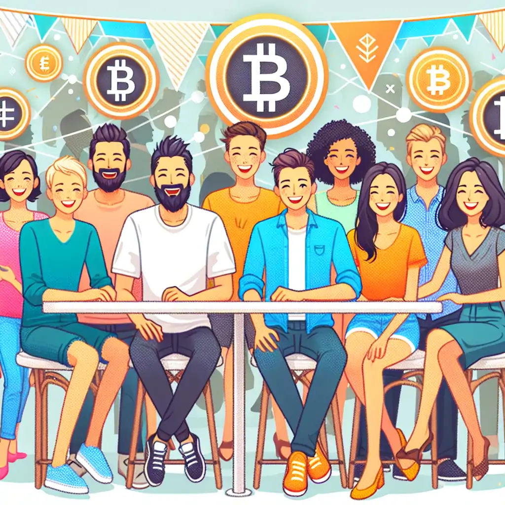 A group of laughing partygoers with a backdrop of crypto-themed decorations, symbolizing the fun and camaraderie.