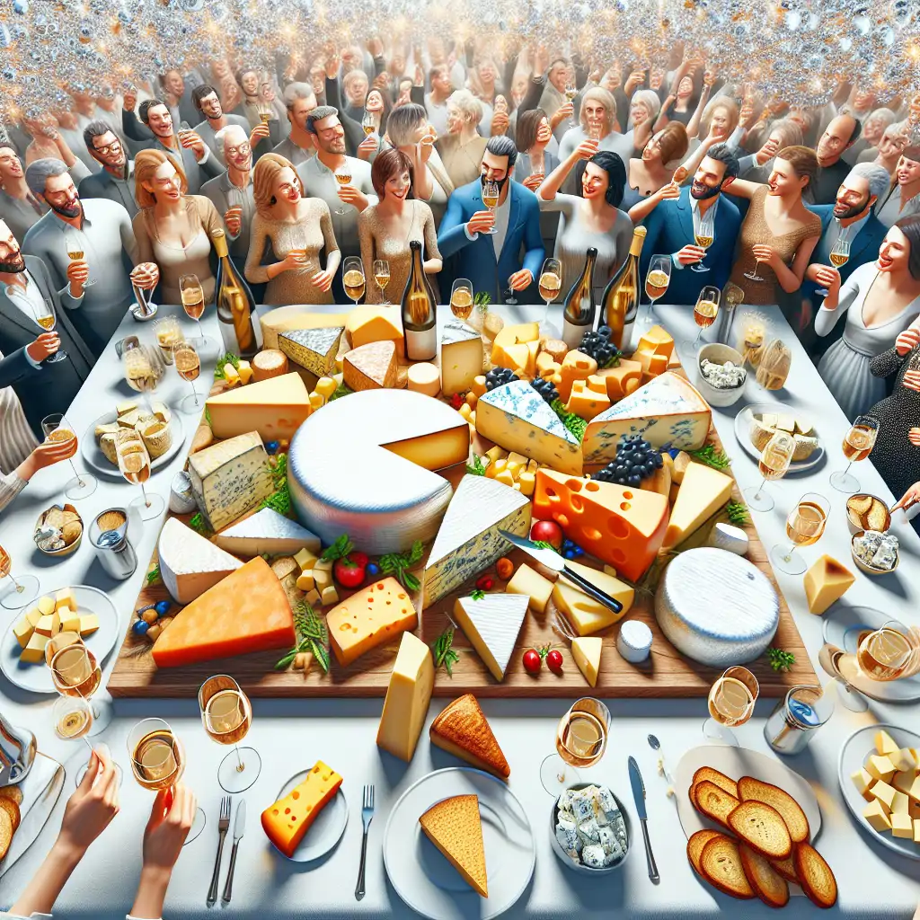 A celebratory image featuring a cheeseboard with an assortment of different cheeses, toasting flutes of wine, and a cheerful gathering of cheese enthusiasts.