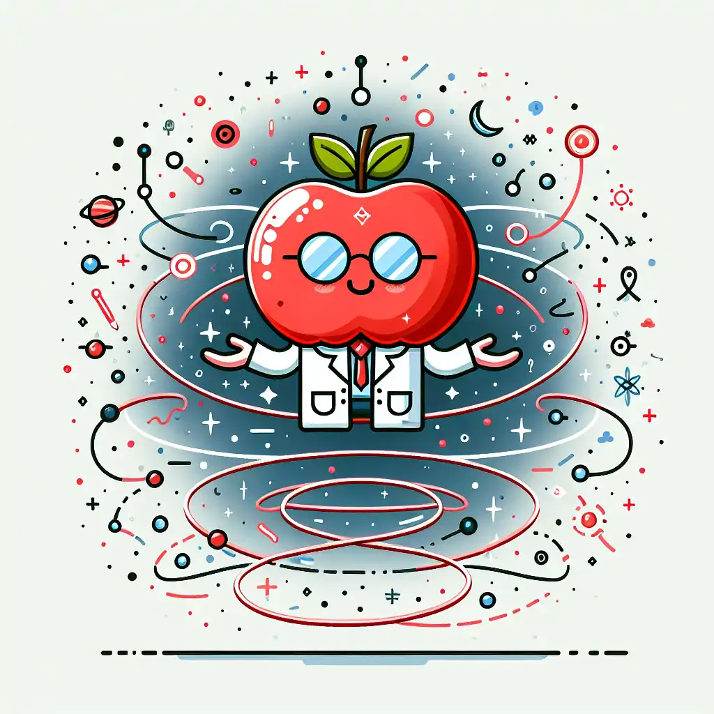A whimsical depiction of an apple with Einstein's face levitating amidst cosmic loops and strings.