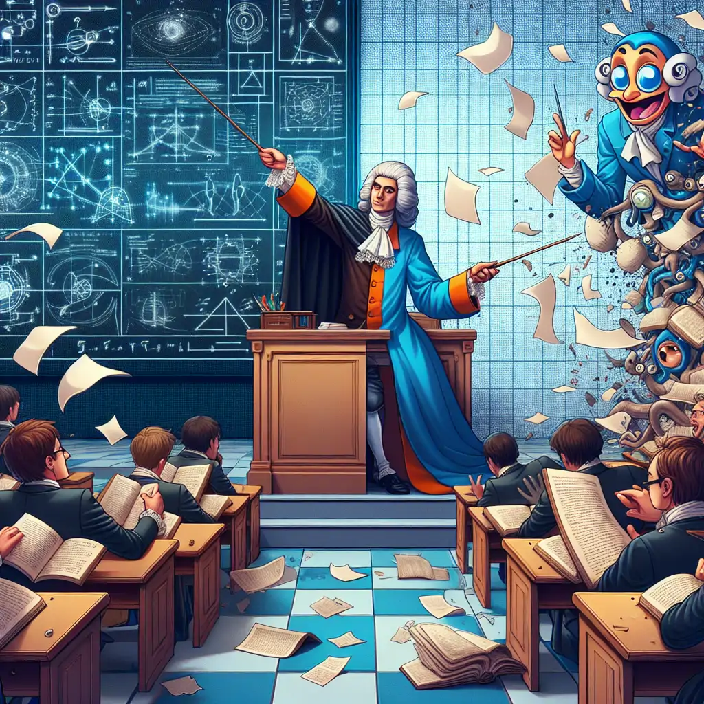 A split image: on one side, Kant is giving a lecture with sophisticated charts; on the other side, Cartman is causing chaos in a classroom.