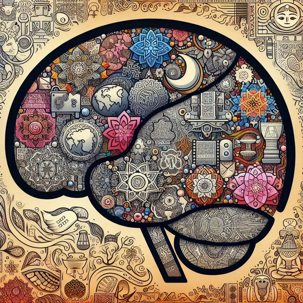 A collage of cultural symbols intertwined with human brain illustrations, depicting the fusion of culture and psychology.