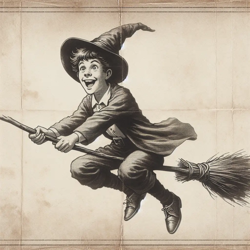 A whimsical portrait of Quentin mid-flight, broomstick poised and wizard hat slightly askew.