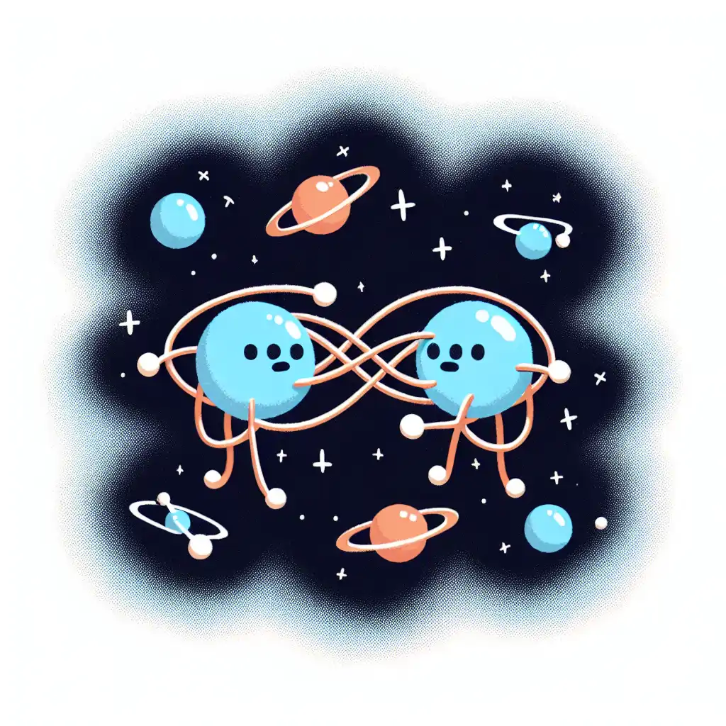 A whimsical image of two particles holding hands across galaxies, representing the concept of quantum entanglement.