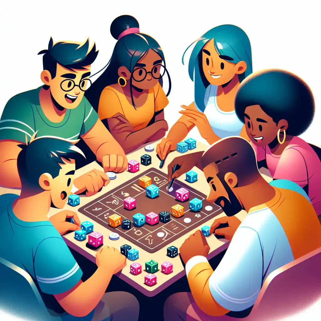 A dynamic image showing players around a table intensely focused on a game of Dice Throne, illustrating the mix of fun and strategy in their expressions.