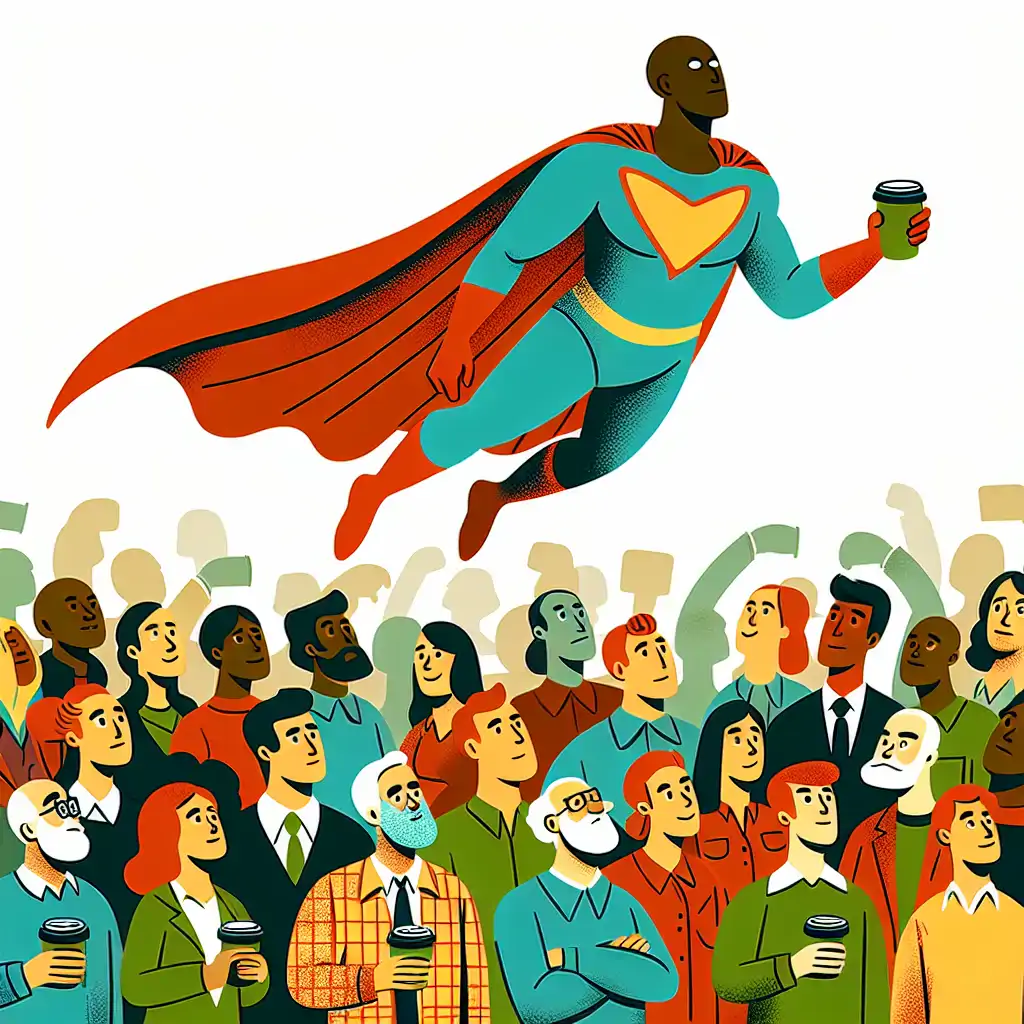 An illustration of a superhero flying with a crowd watching below, coffee cups in hand.