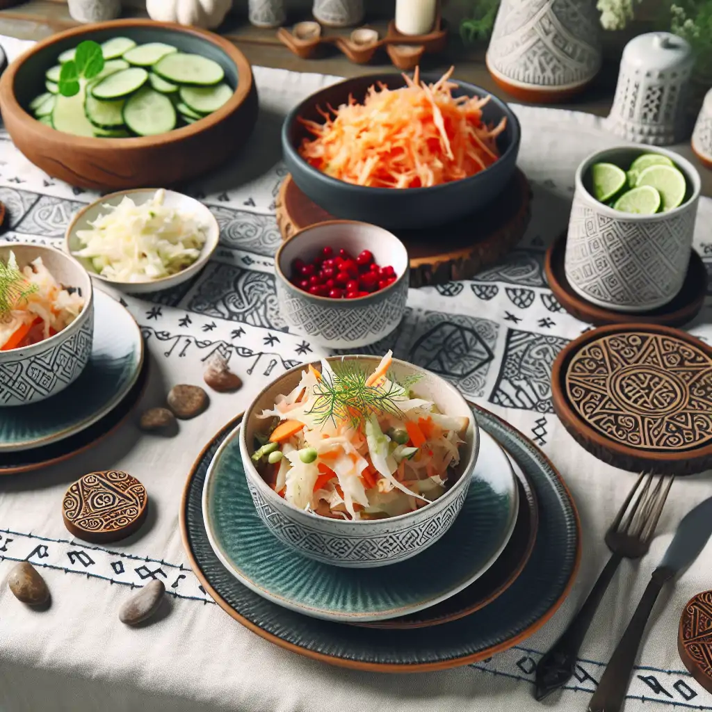 A beautifully set table with bowls of vegan kraut, Nordic runes etched into surrounding decorations