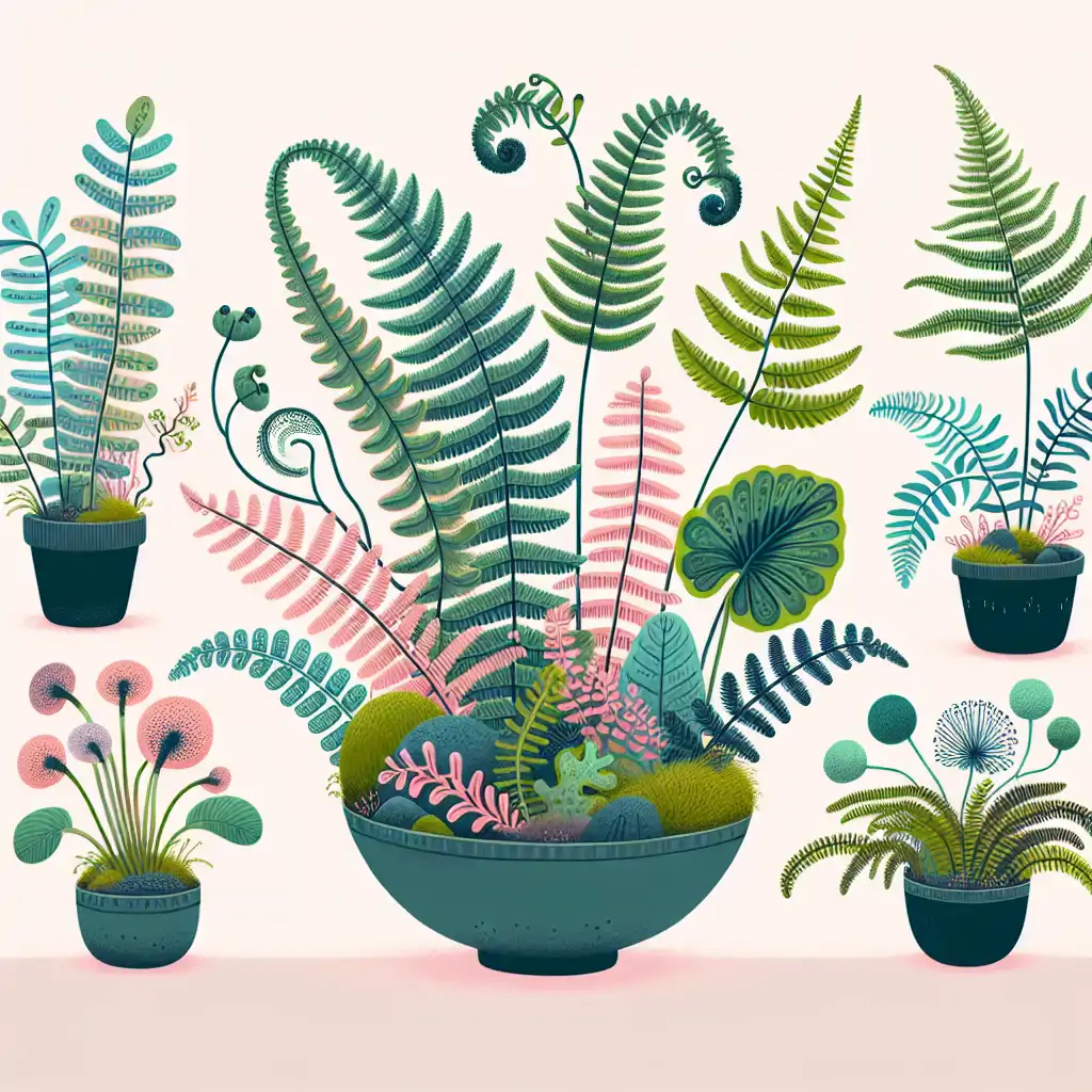 A lush arrangement of different unusual ferns, each showcasing their distinctive fronds and quirky growth patterns.