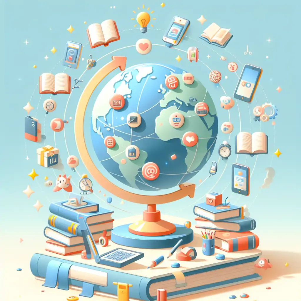 A visual of a spinning globe with icons representing books and digital media, symbolizing the global reach and impact of storytelling in branding.