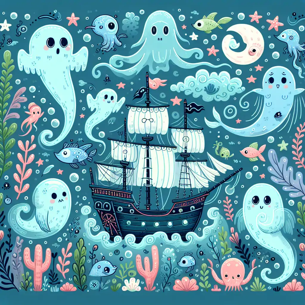A whimsical illustration of Davy Jones' ghostly ship surrounded by sea-nymphs and aquatic creatures in a lively underwater setting.