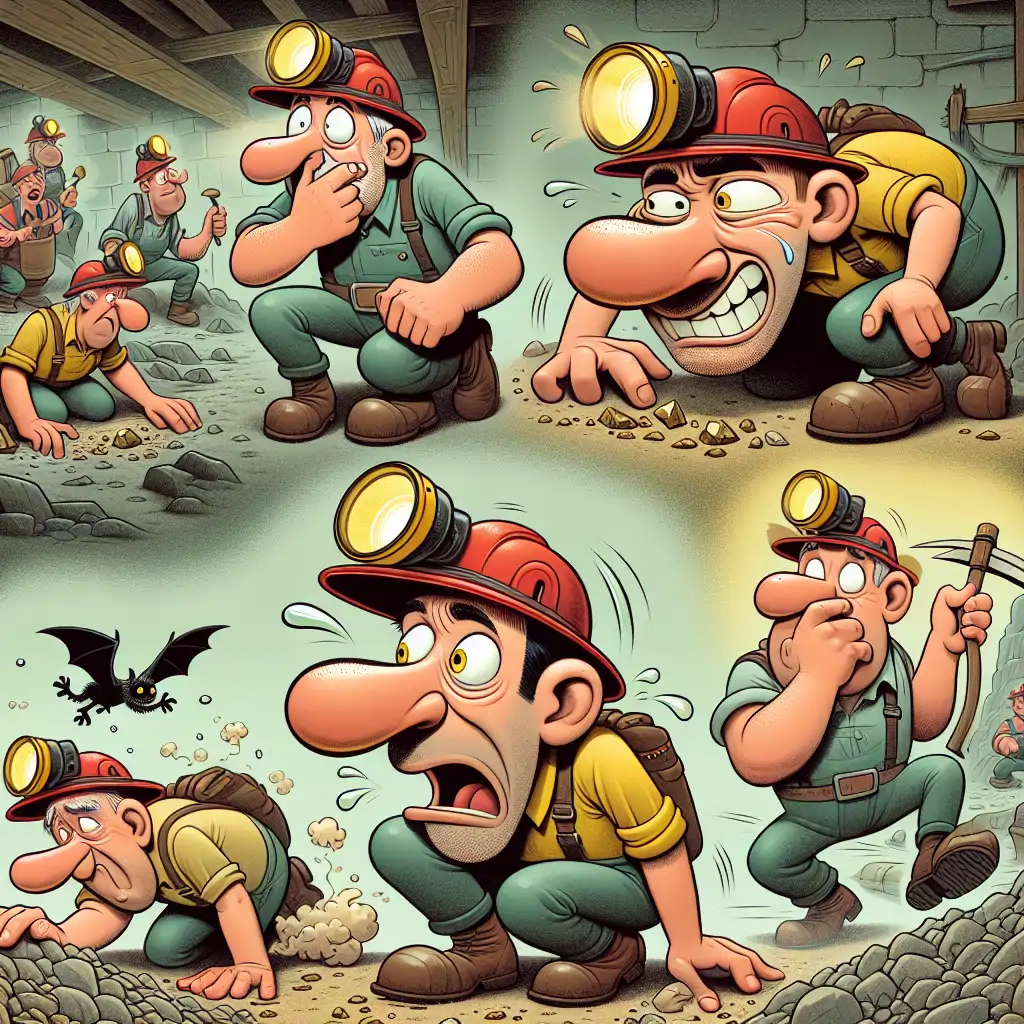 A comical cartoon of miners working underground, with exaggerated expressions and situations, like a miner sniffing the ground and another running from a bat.