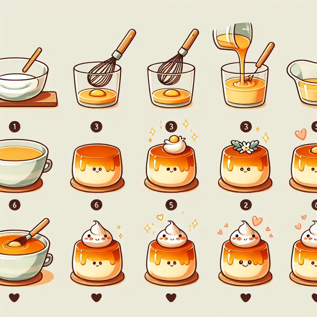 A series of images illustrating the step-by-step process of making custard pudding, from whisking eggs to achieving a perfect caramelized top.