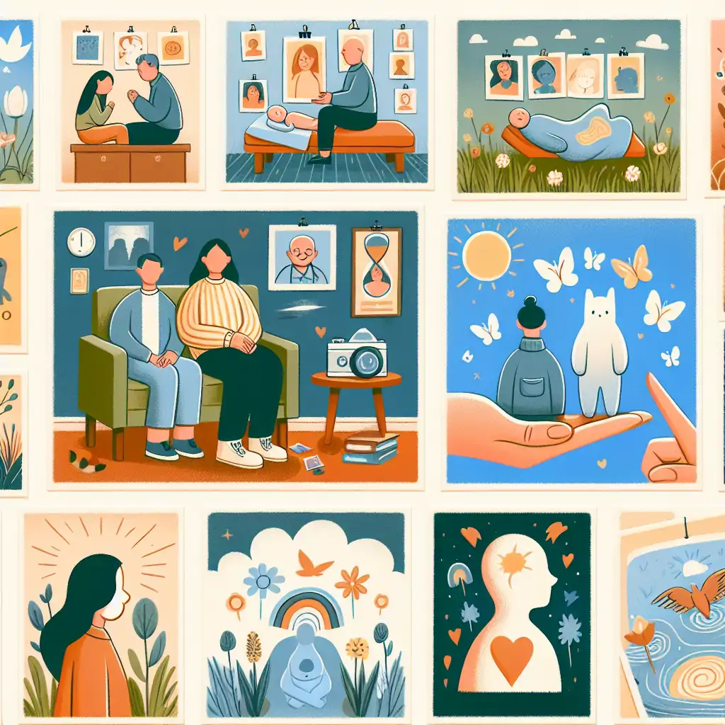 A collage of images showing different epochs of psychotherapy treatments