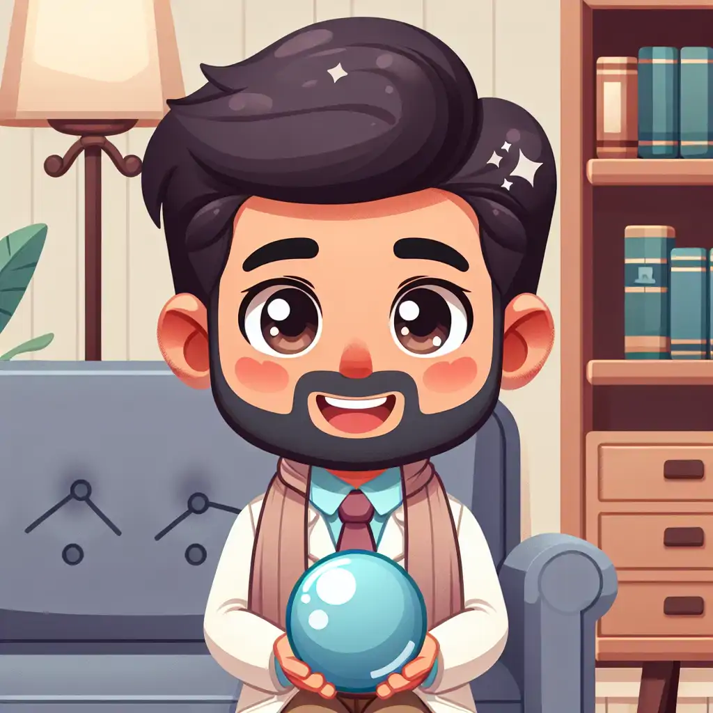 An illustration of a psychologist with a crystal ball looking amused.