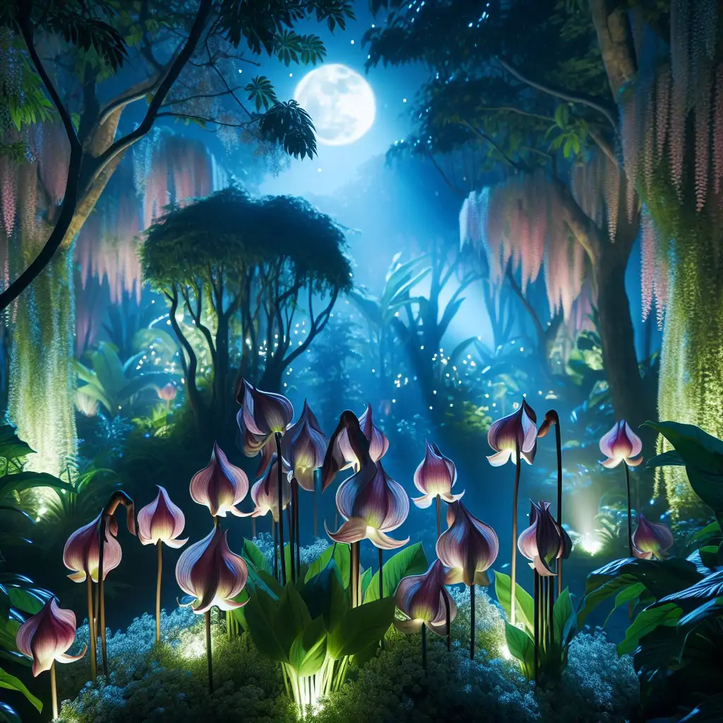 A serene night garden illuminated by moonlight, showing bat flowers in full bloom.
