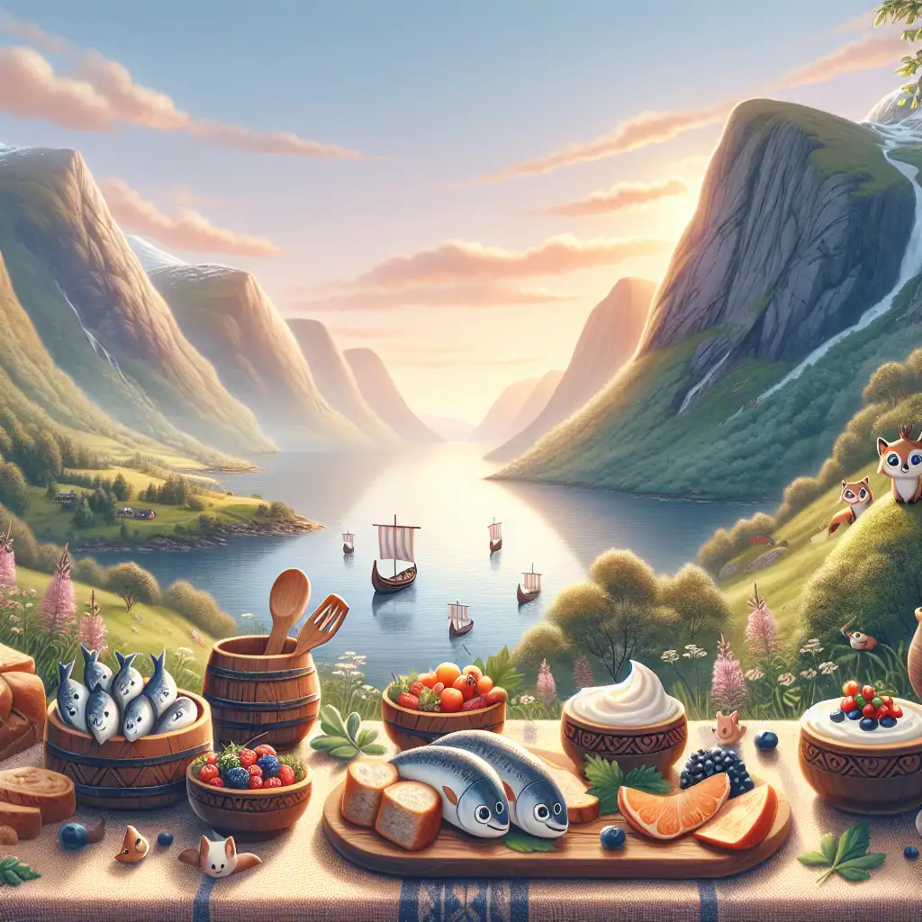 A scenic Norwegian fjord at sunrise, setting the scene for a Viking breakfast.
