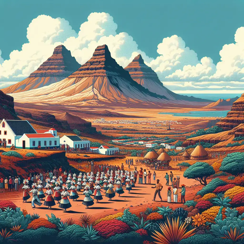 An image capturing a panoramic view of Cape Verde's landscapes with both volcanic formations and cultural festivities.
