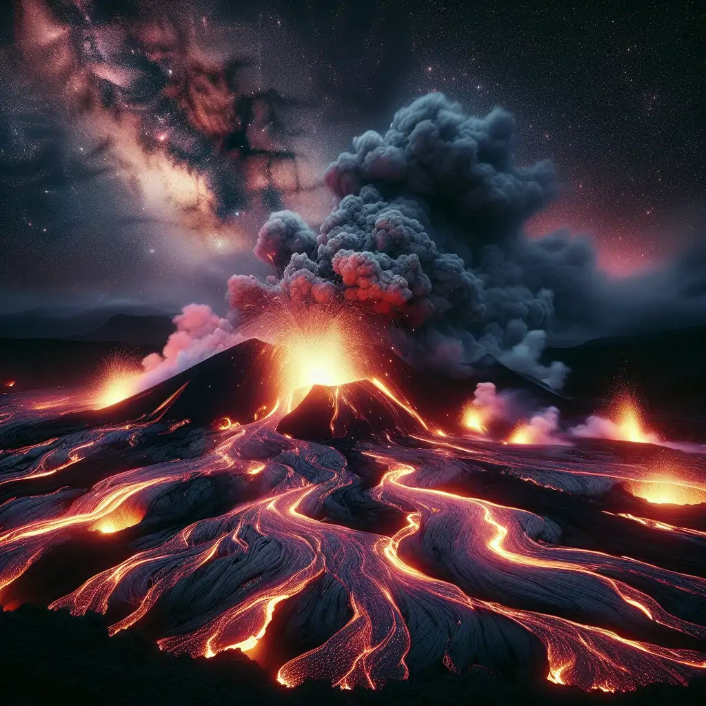 A dramatic shot of Ol Doinyo Lengai during a minor eruption, showcasing the unique natrocarbonatite lava flows contrasted against the dark backdrop of the night sky.