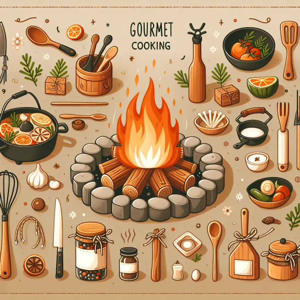 A campfire with gourmet cooking supplies, ingredients, and cookware.