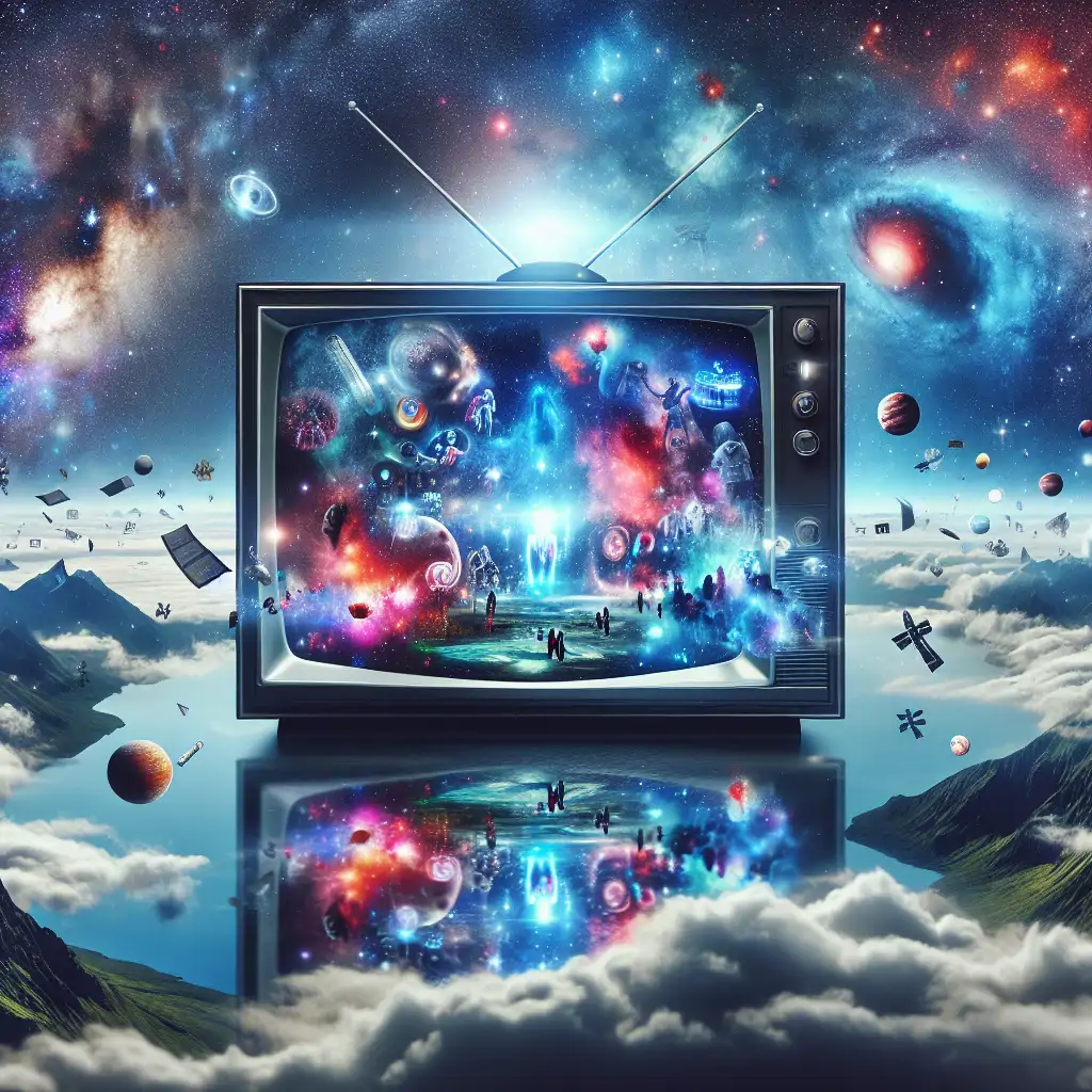 A TV floating in space with planets and stars reflecting scenes from various reality TV shows