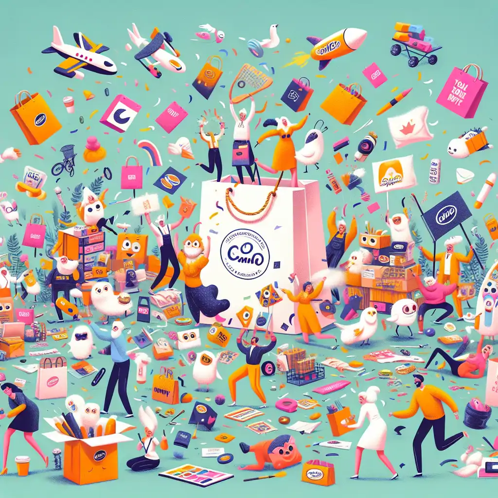 A humorous illustration of a chaotic product launch involving various quirky branding elements.