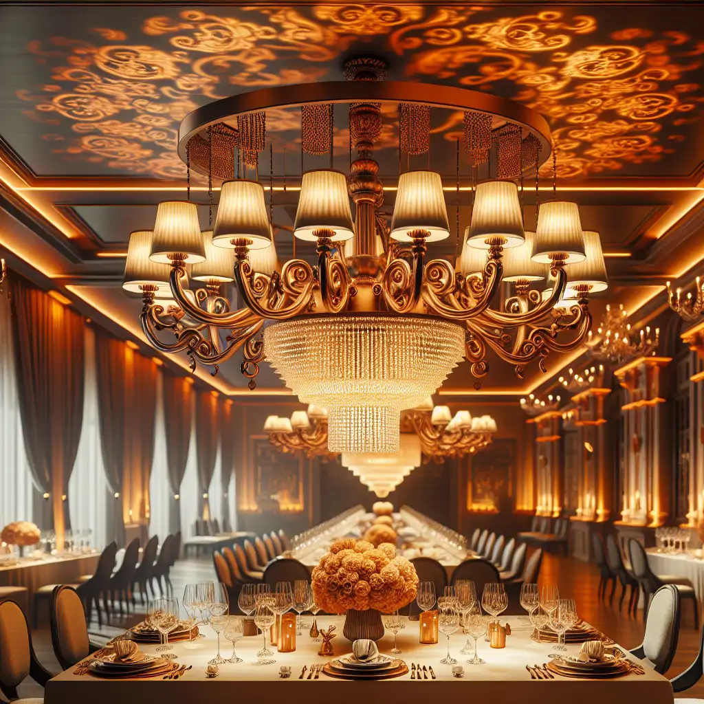 A modern interpretation of a Renaissance-style chandelier casting light over an opulent banquet table.