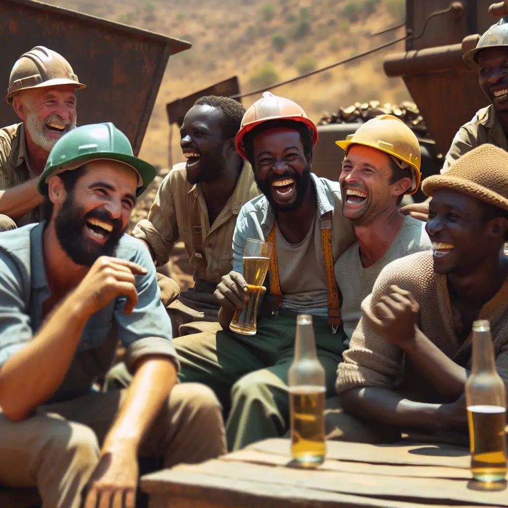 A lively group of miners sharing jokes during a break on a beautiful sunlit day in Zimbabwe.