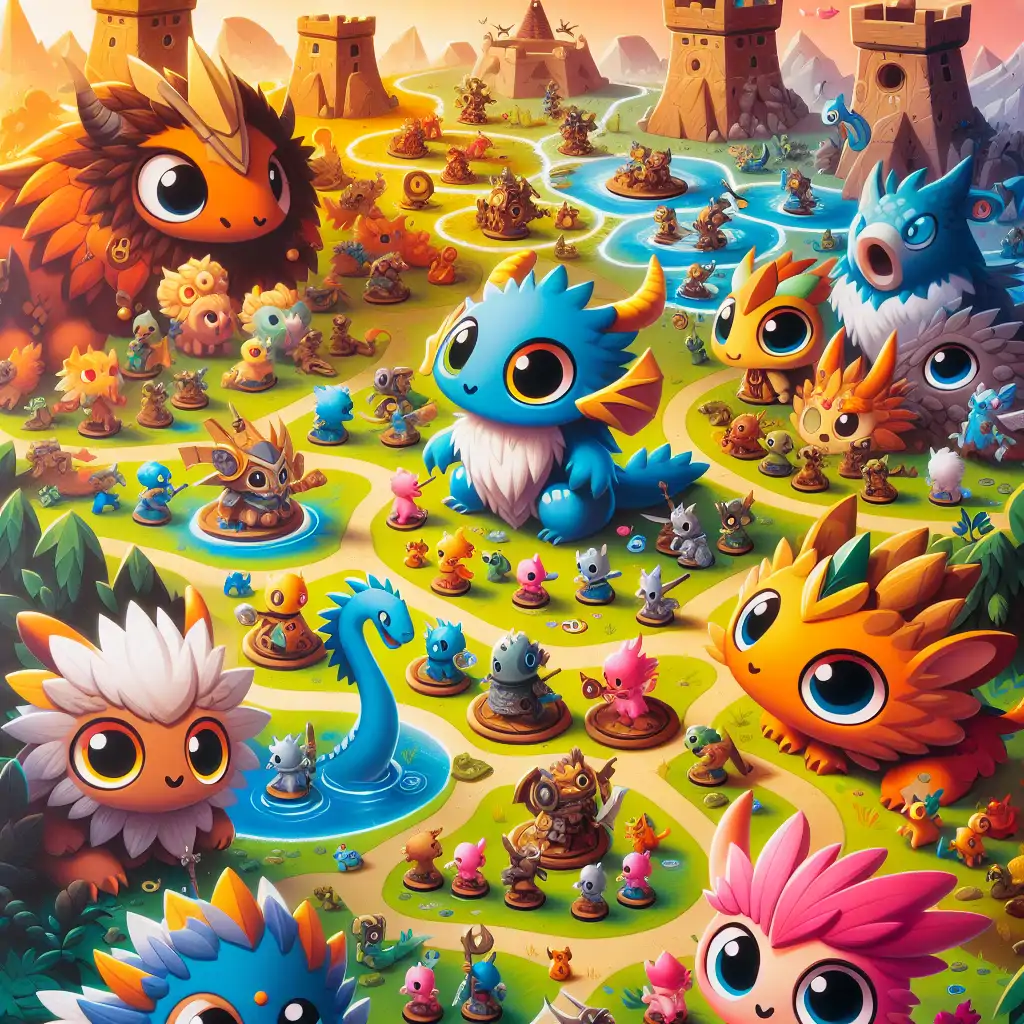 Colorful artwork showcasing various races from the *Small World* game engaged in strategic battle across different terrains.