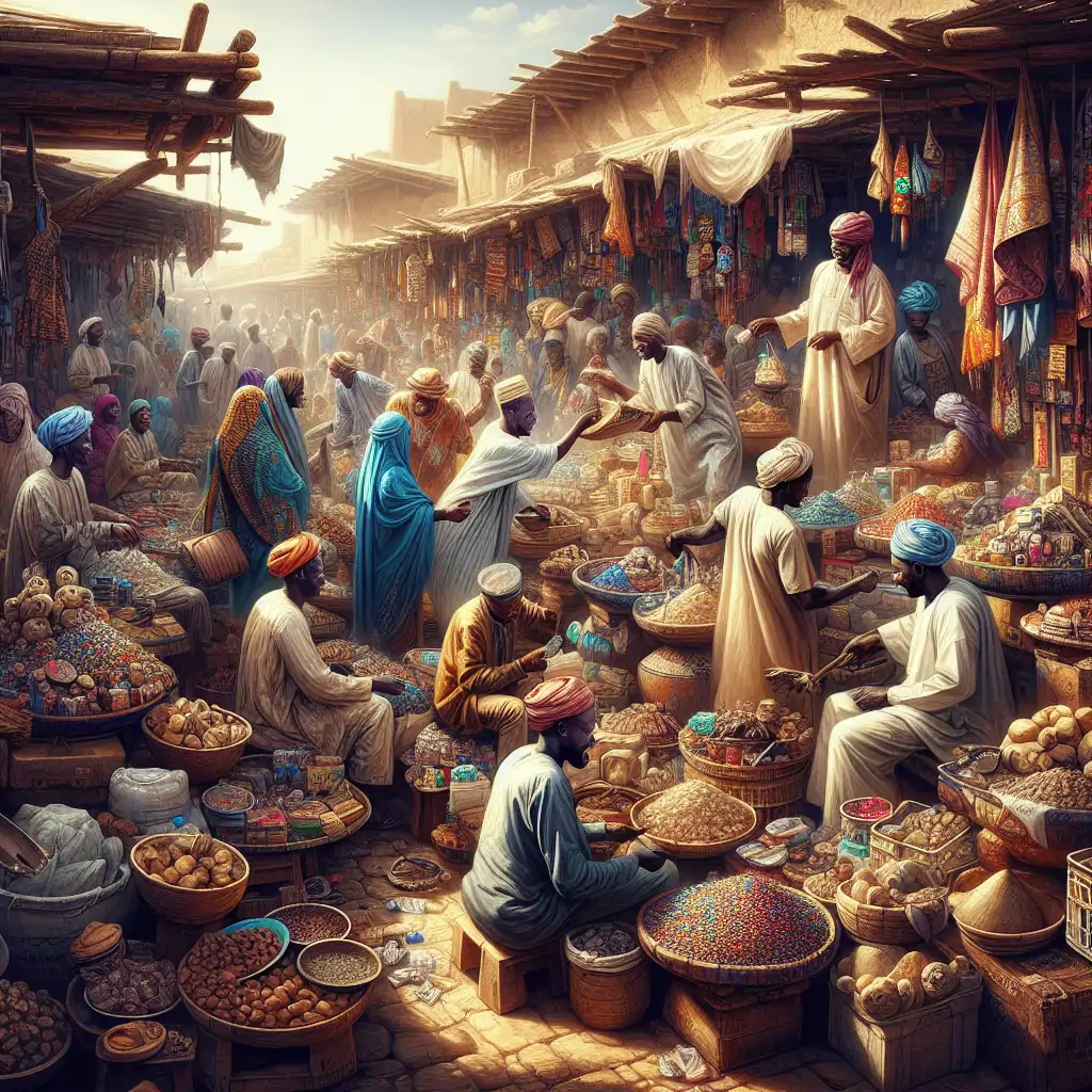 A lively Malian market scene filled with vibrant stalls and animated interactions between vendors and customers, capturing the essence of daily humor.