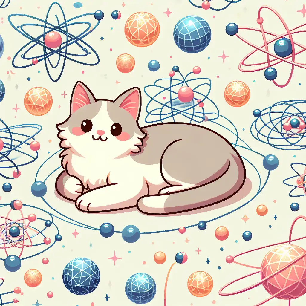 A serene image of a cat lounging amid floating atoms and quantum patterns