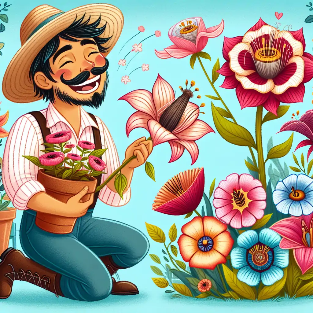 A garden scene depicting a joyful interaction between a gardener and a variety of bizarre, rare blooms.