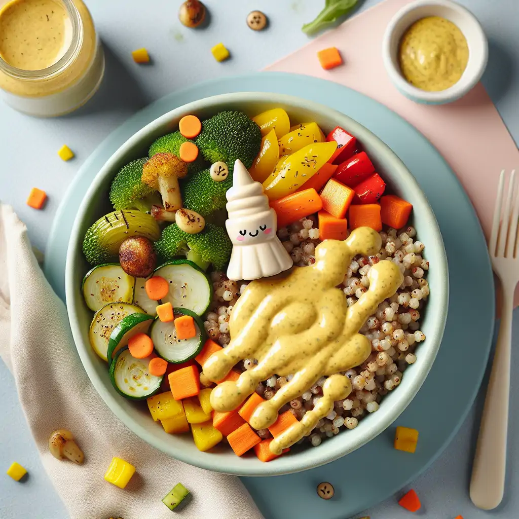 A vibrant and inviting dish of millet served with colorful roasted vegetables and a creamy honey-mustard-style sauce.