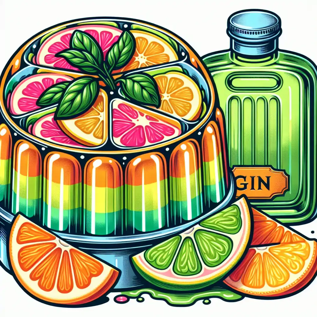 A colorful vintage-style jelly salad mold draped in lime and garnished with slices of citrus and a bottle of gin.