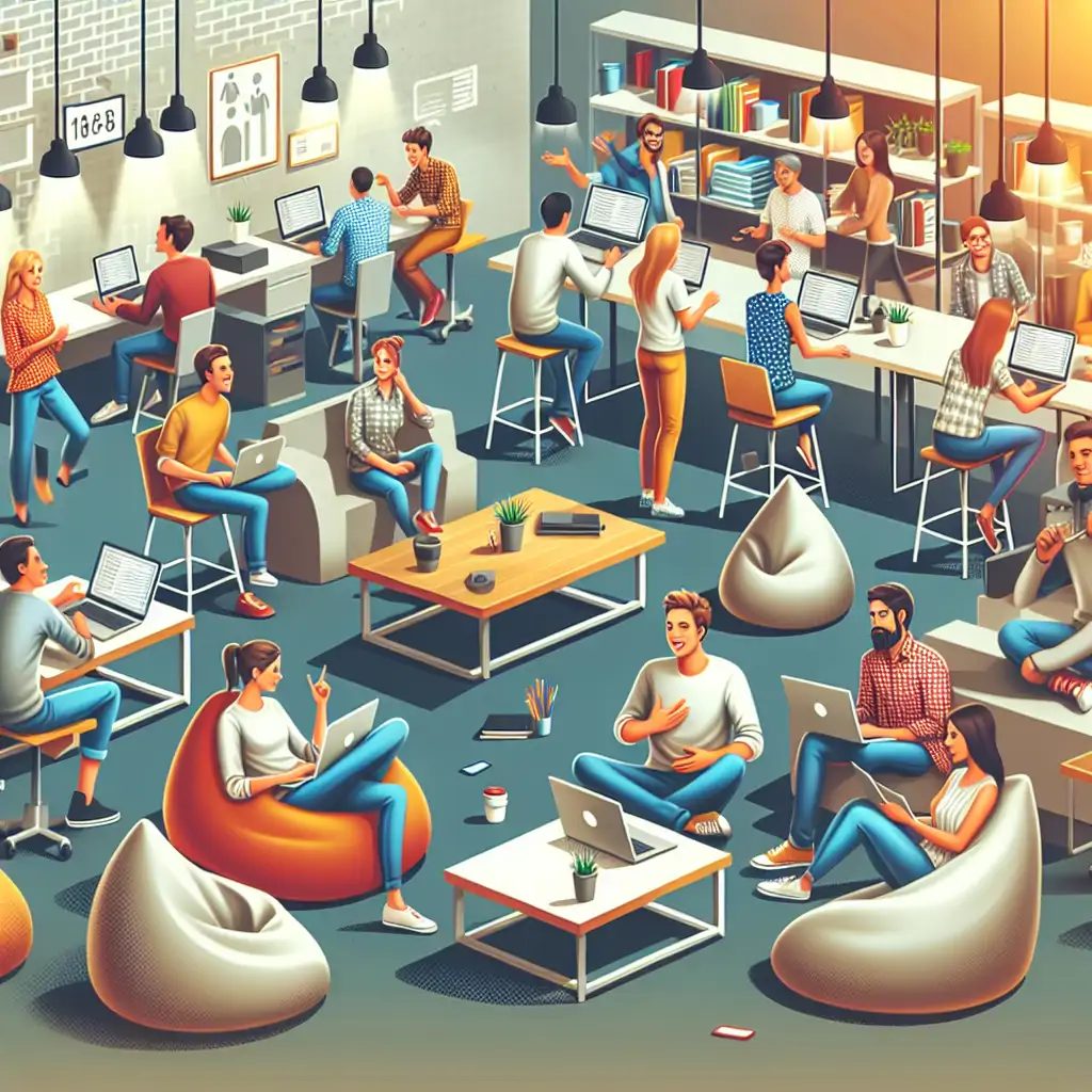 A bustling coworking space filled with people engaged in animated discussions, laptops open, some on beanbags and others at standing desks.