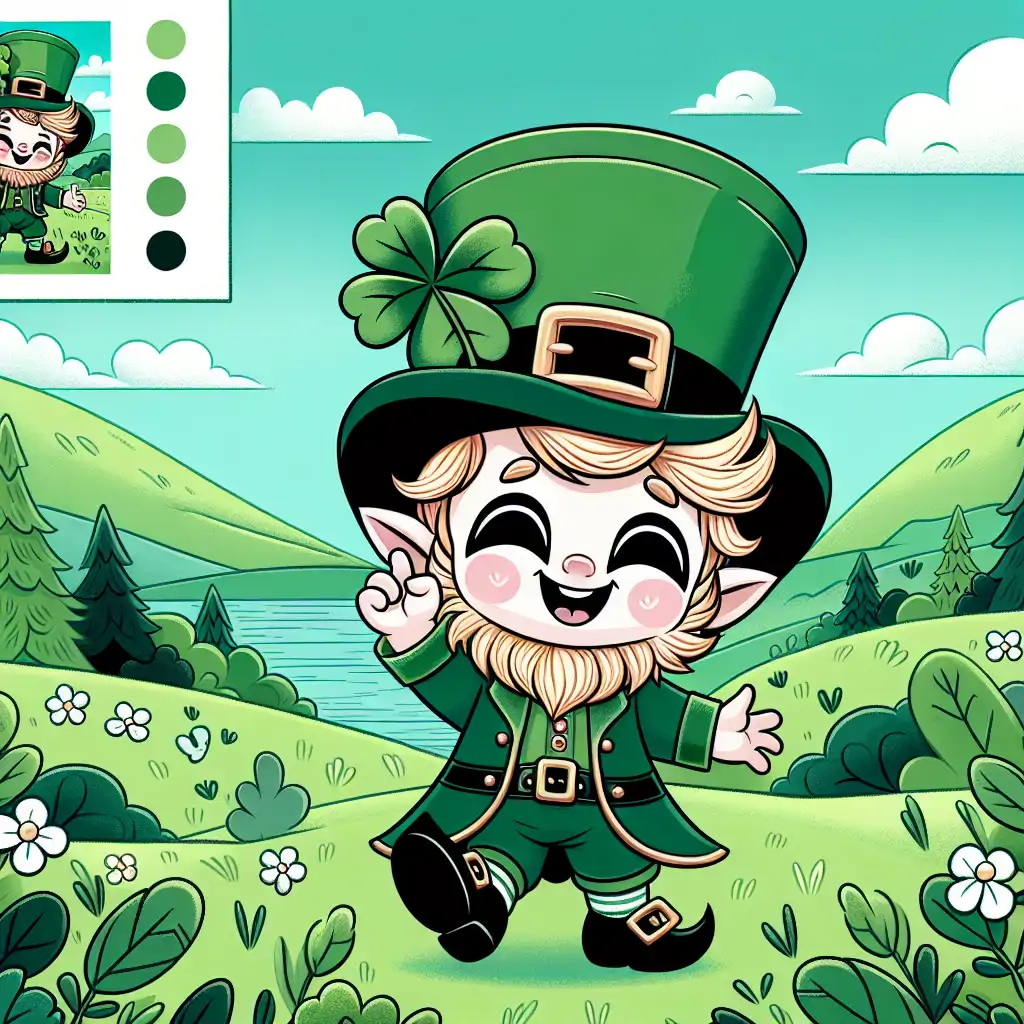 A whimsical scene of a leprechaun evading capture while laughing, amidst picturesque green hills.