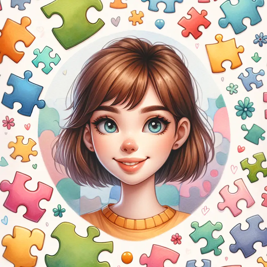 A whimsical portrait of Penelope amid an array of puzzle pieces.
