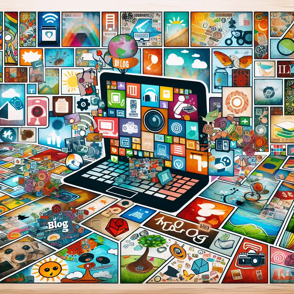 A vibrant collage of blog thumbnails representing various topics on a digital interface.