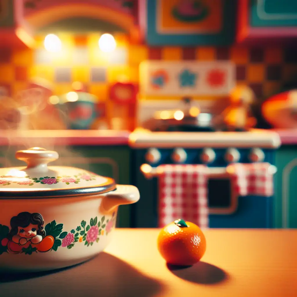 A nostalgic scene with a vintage 1980s kitchen complete with a steaming casserole dish.