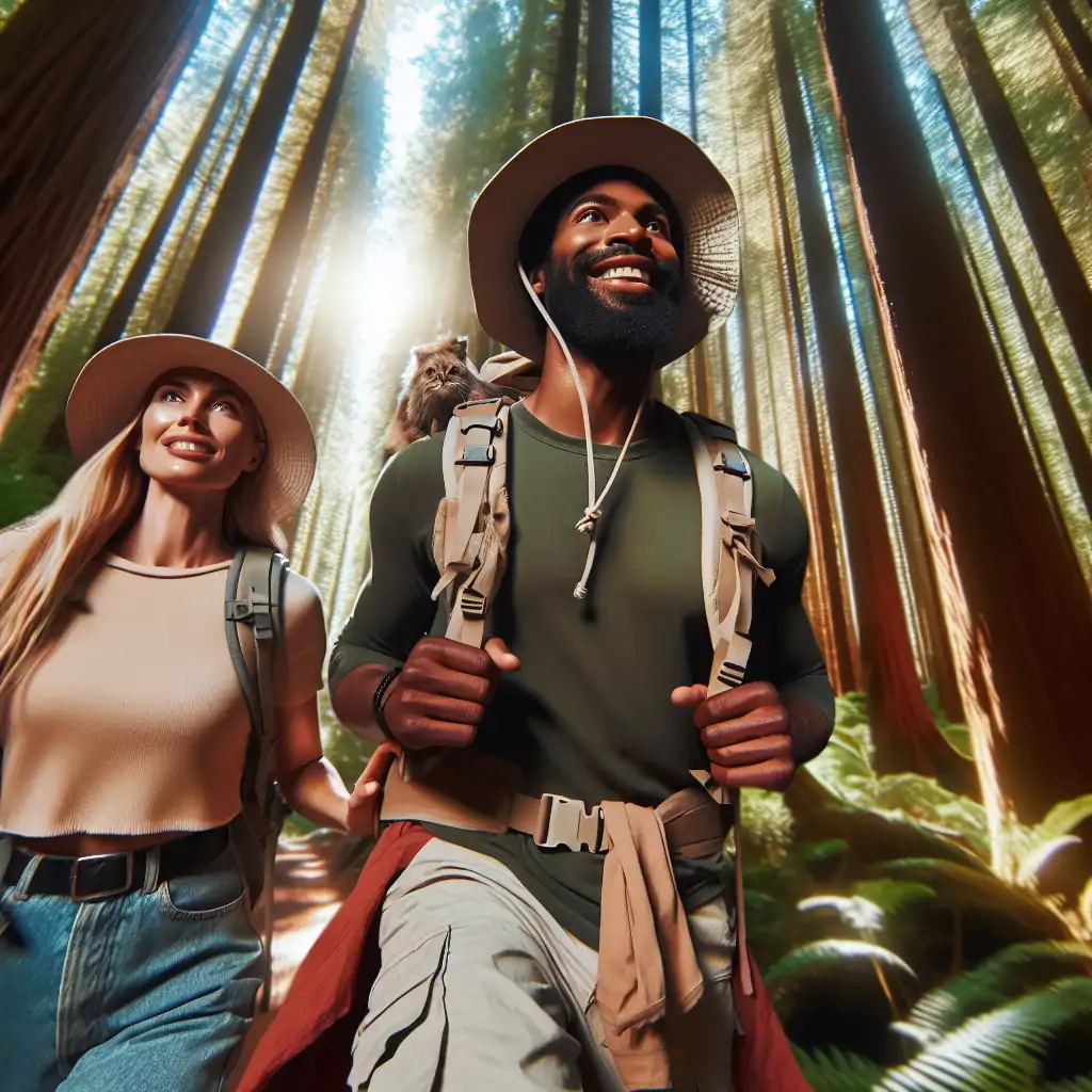 A dynamic photo of a person wearing a sun hat and another with a bucket hat, both in a stunning forest setting.