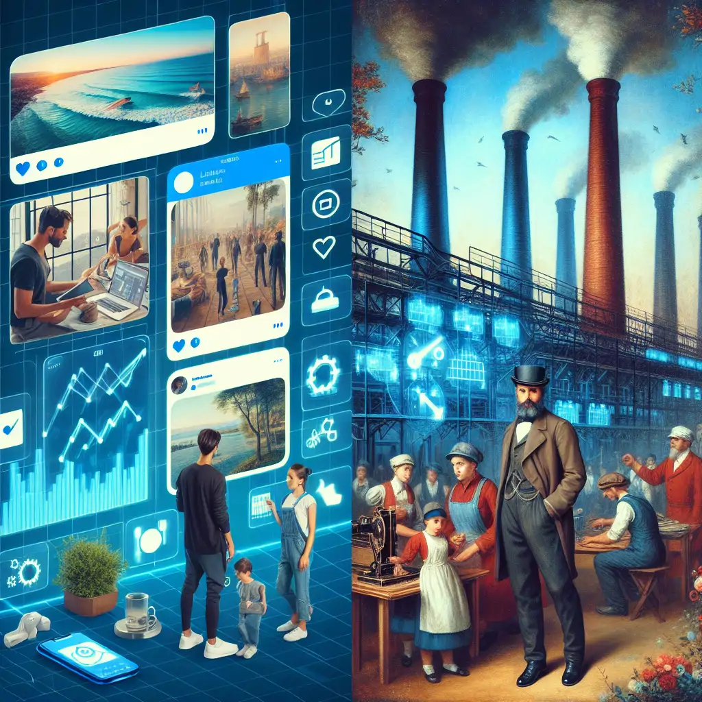 An image of a famous influencer's Instagram feed, juxtaposed with a historical painting of factory workers from the 19th century.