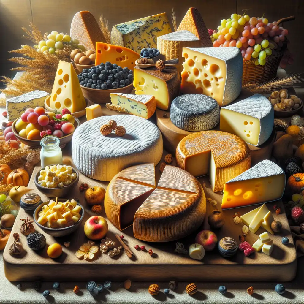 An artfully arranged display of modern artisanal cheeses at a food festival, showcasing the range of textures, colors, and flavors that define contemporary cheese-making.