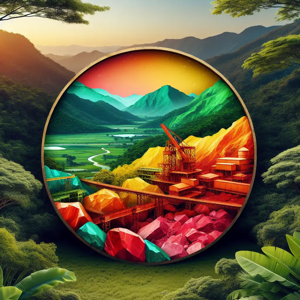 A vibrant copper mine set against lush Zambian forests, symbolizing both natural wealth and cultural richness