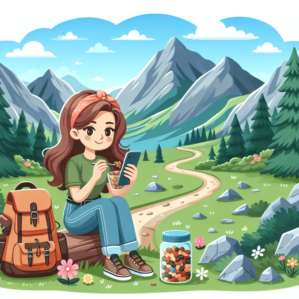 A scenic outdoor view with a person enjoying a trail mix while hiking.