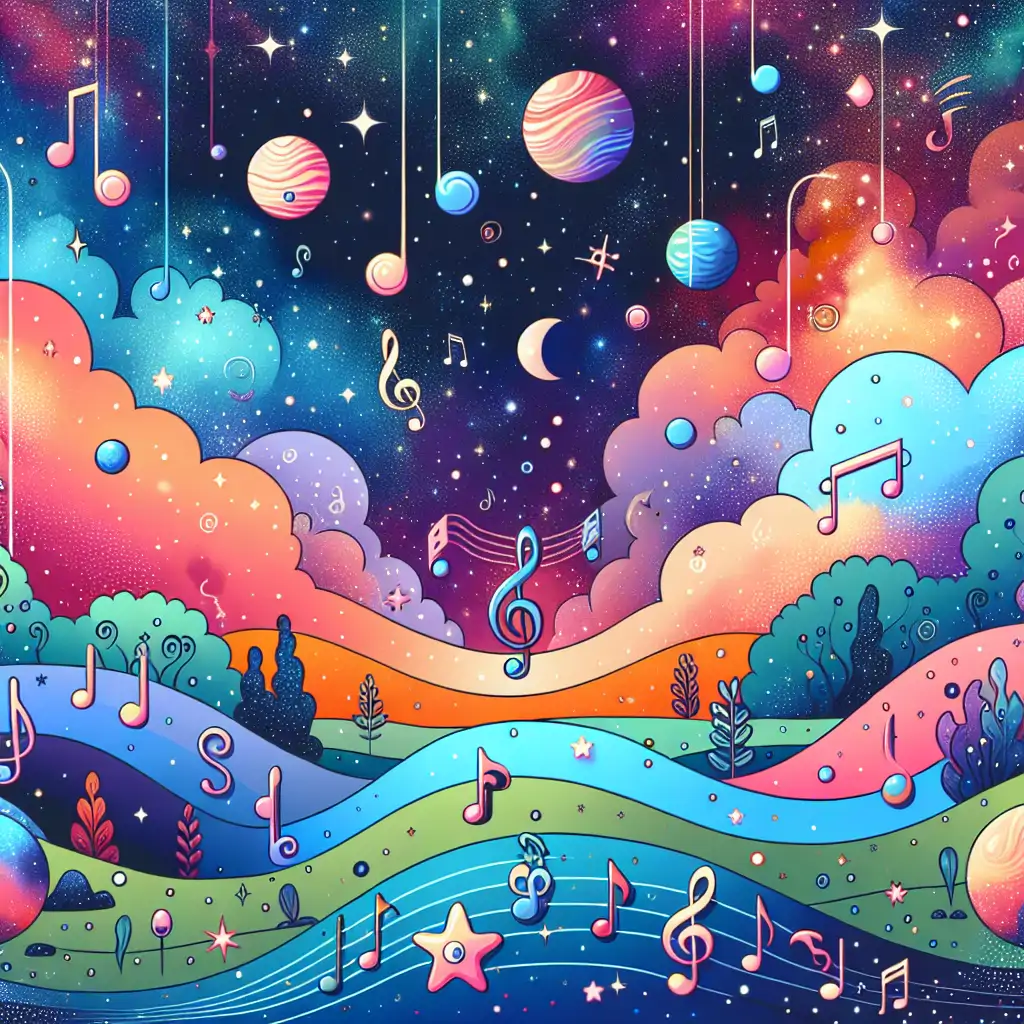 Artistic rendering of a cosmic landscape filled with musical symbols