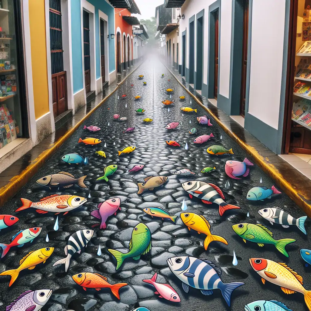 A photo depicting fish scattered across a street in Yoro, Honduras, during a rainstorm.