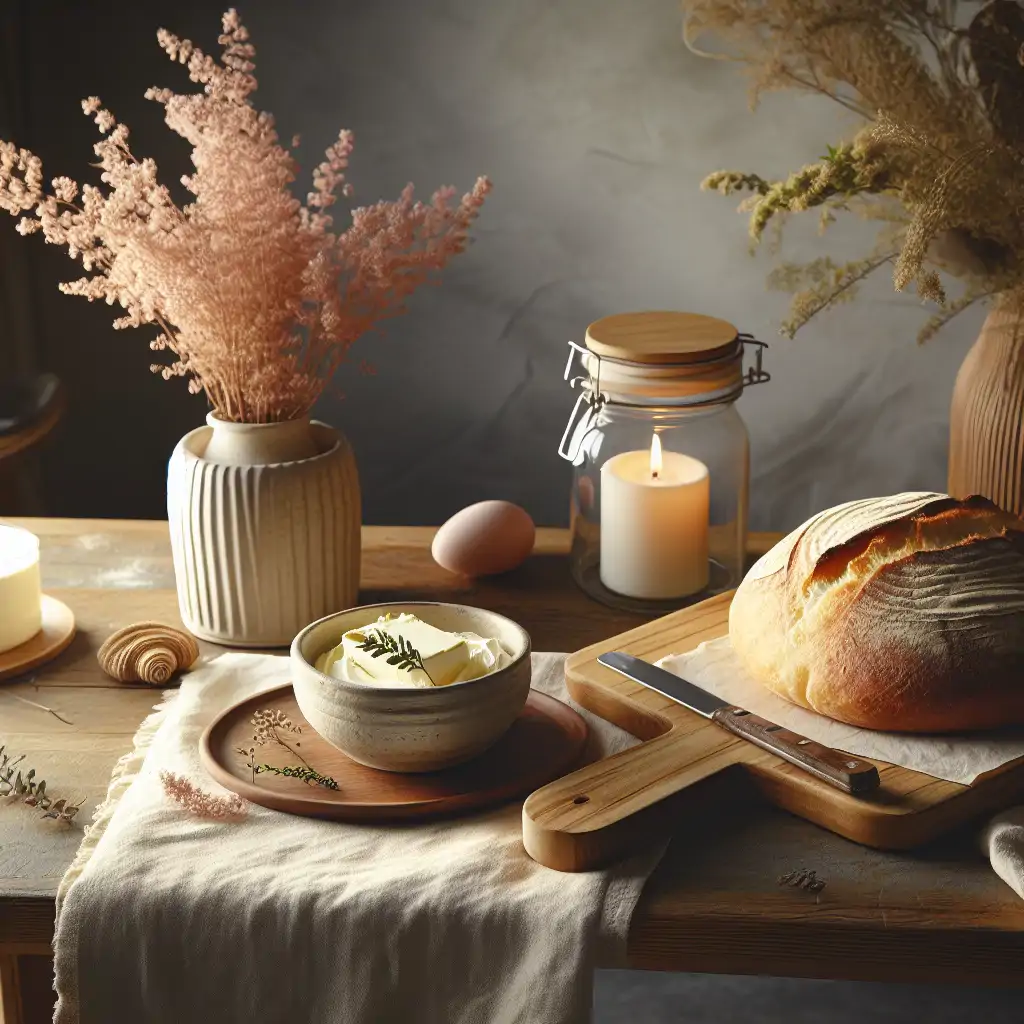 A warm, inviting kitchen counter with a loaf of freshly baked bread and a pot of butter.
